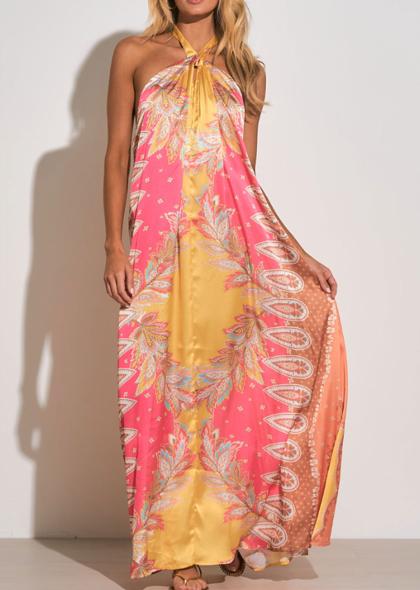 Pink Bali Print Halter Tie Maxi Dress