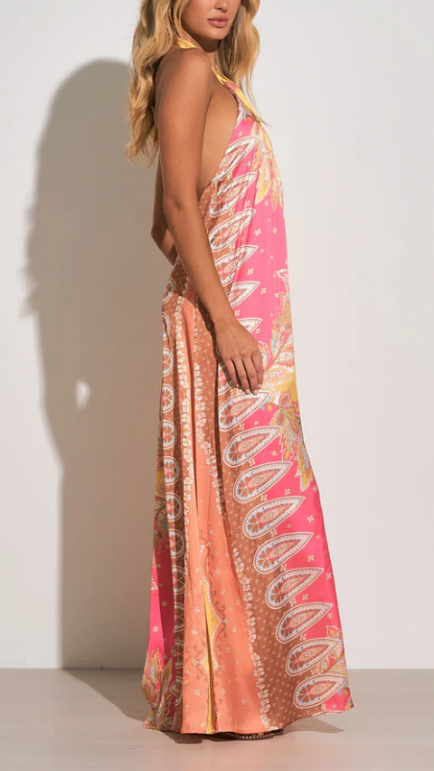 Pink Bali Print Halter Tie Maxi Dress Evey K Pink Bali Print Halter Tie Maxi Dress Evey K