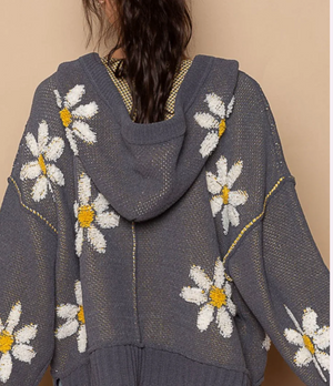 Charcoal Daisy Patterned  Hoodie Sweater